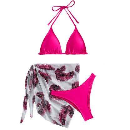 Bikini Three-piece Swimsuit Solid Color Swimsuit Printed Gauze Skirt