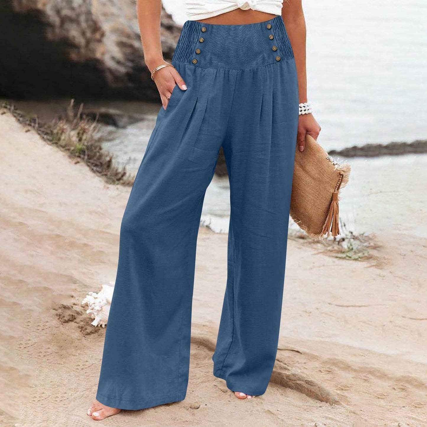 Spring And Summer Casual Elastic Waist High Waisted Women's Wide Leg Cotton Linen Loose Pants