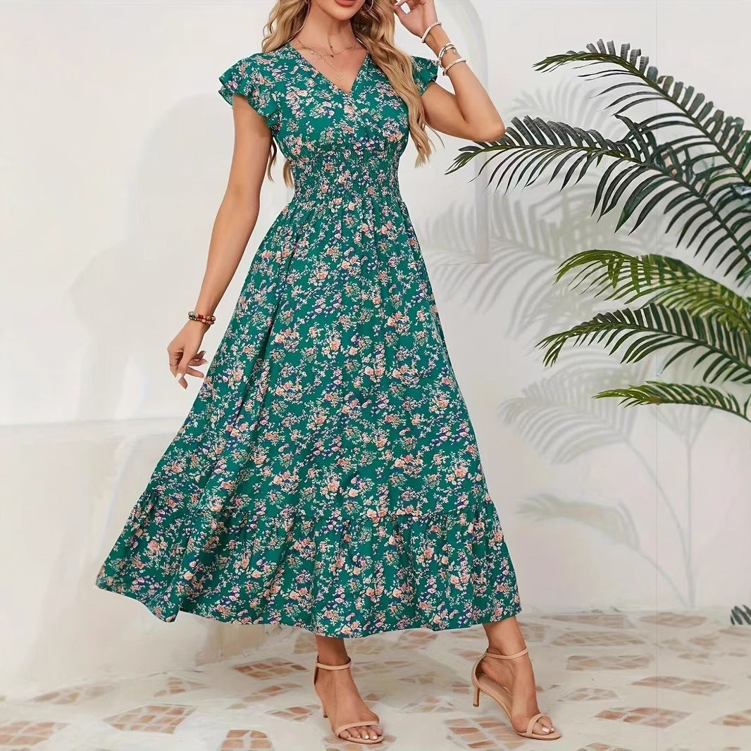 Fashion Floral Long Sleeve Waist Swing Dress