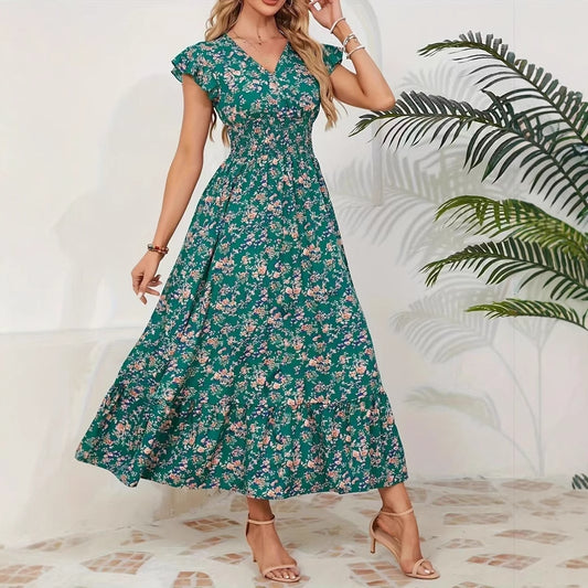 Fashion Floral Long Sleeve Waist Swing Dress