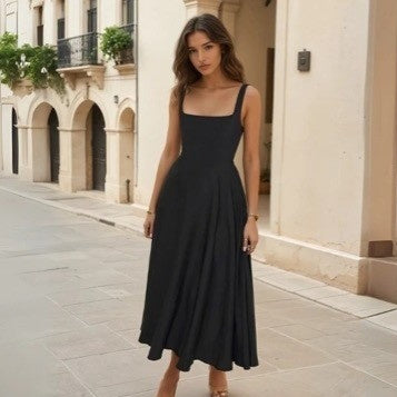 Solid Color Shoulder Strap Slim Fit Mid-length Dress