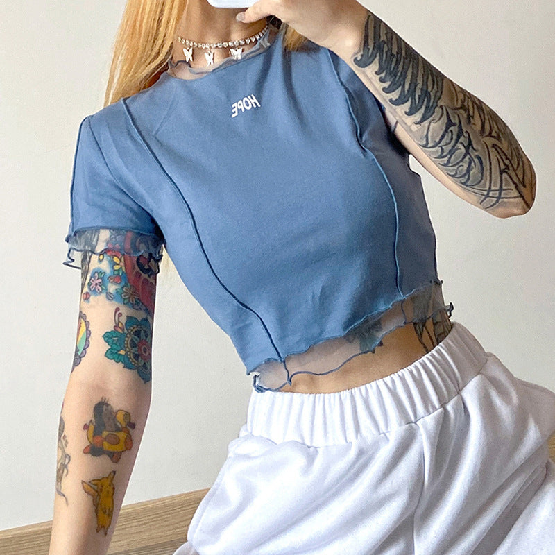 Fashion Letter Print Round Neck Wooden Ears Navel Exposed T Shirt Women