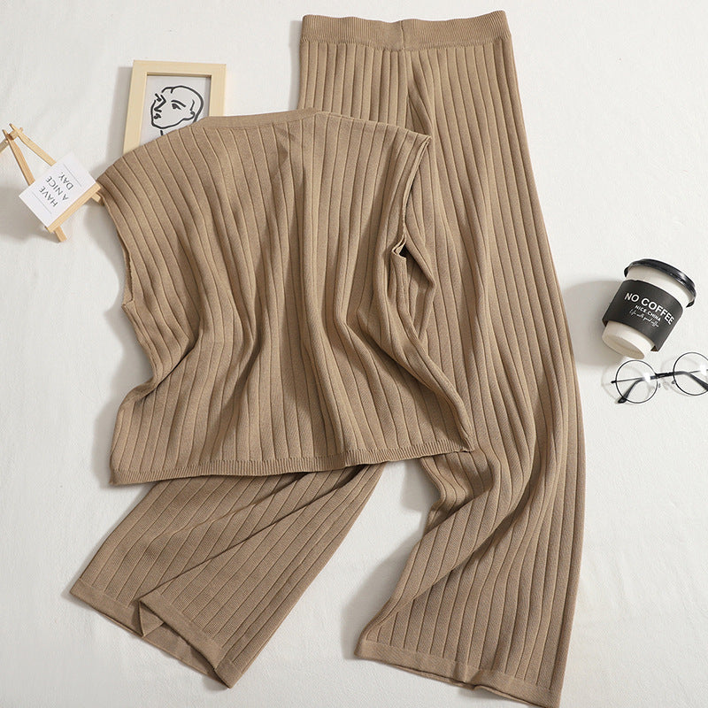 Knitting Suit Solid Color Sleeveless Vest High Waist Wide Leg Pants Two-piece Set