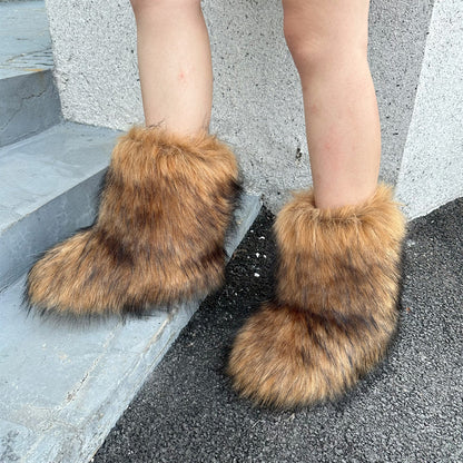 Raccoon Fur Plush Snow Boots