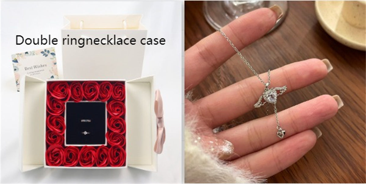 Rose Box Double Door Jewelry Box Valentine's Day Bow Gift Box Necklace Locket
