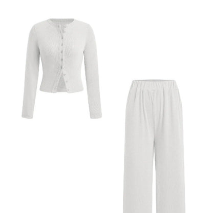 Casual Slim-fit Buttoned Long Sleeve Wide Leg Pants Suit