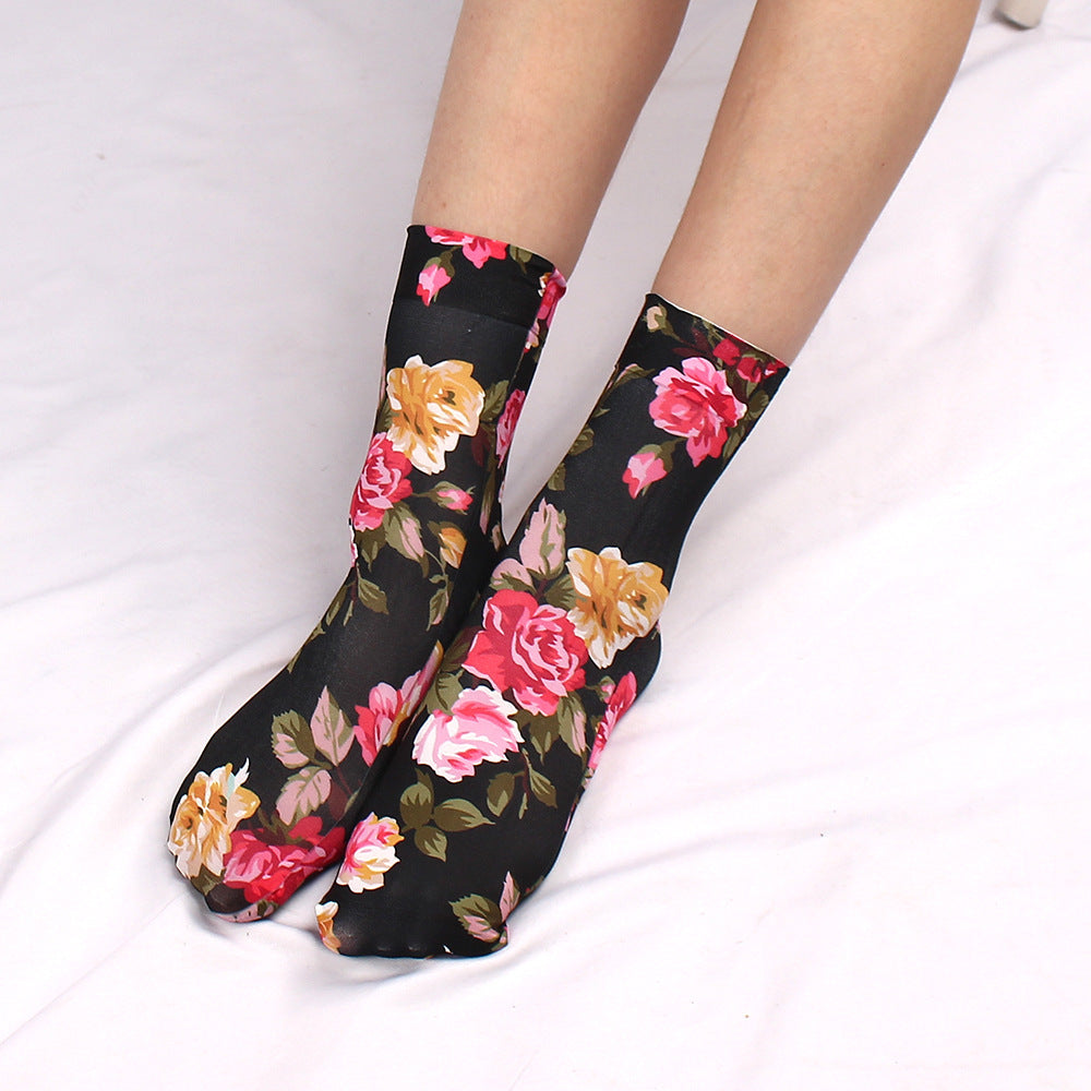 Leopard Print Large Flower Printed Multi-color Socks Sexy Girly Style Summer Breathable Anti-snagging