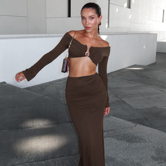 Off-shoulder Midriff-baring Long Sleeve Long Dress Suit