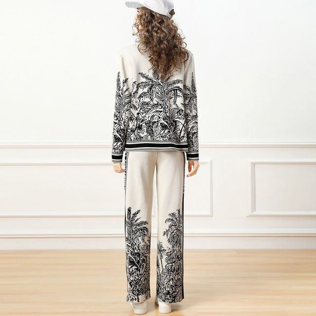 Qin Knit Cardigan Sweater Fashion Wide-leg Pants Two-piece Suit