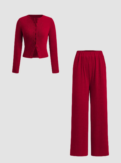 Casual Slim-fit Buttoned Long Sleeve Wide Leg Pants Suit