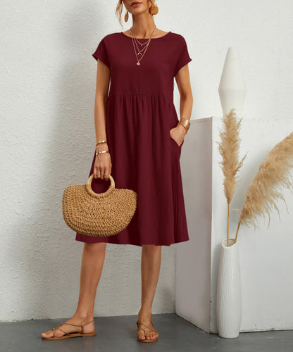 Summer OL Style Women's Solid Color Cotton Round Neck A-line Skirt Mid Length Dress