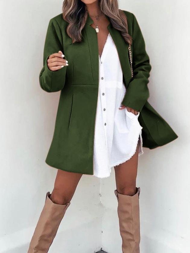Solid Color Slimming Long Sleeve Pocket Woolen Women's Coat